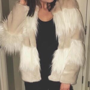 Faux Fur Striped Jacket in Cream and Tan